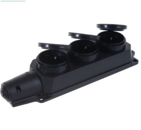 Колодка 16А  3 гнезда черная каучук с крышкой с з/к 220В IP44 IN HOME